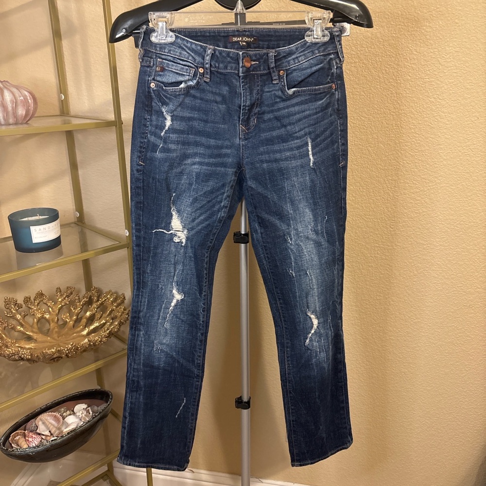Dear John Jeans Women’s 26 Distressed Dark Wash Slim Straight‎ Skinny 27” Inseam